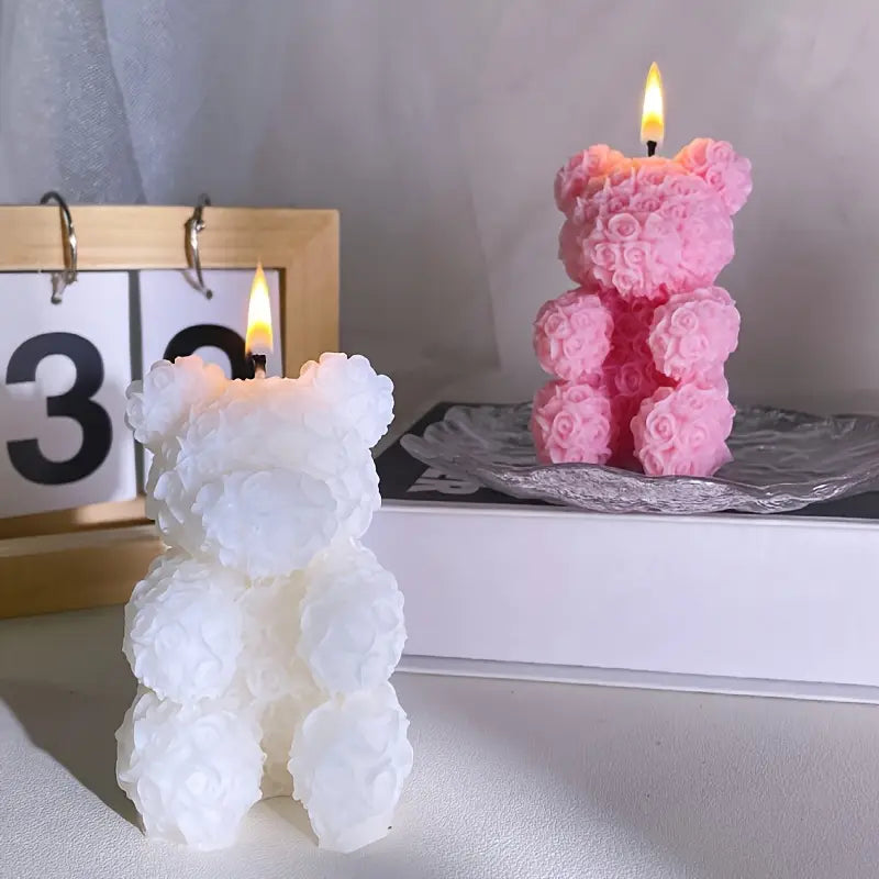 1pc Rose Bear Shaped Scented Candle, Valentine'S Day Home Decor, Animal Theme, Soy Wax, Beeswax, Single-Wick, Irregular Shape, Bow Embellishment, Indoor Use,