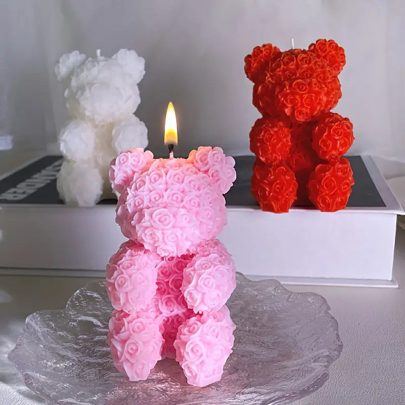 1pc Rose Bear Shaped Scented Candle, Valentine'S Day Home Decor, Animal Theme, Soy Wax, Beeswax, Single-Wick, Irregular Shape, Bow Embellishment, Indoor Use,